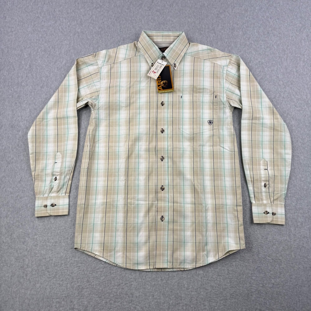 Ariat Shirt Mens Small Tan Plaid Button Down Long Sleeve Western Workwear NEW